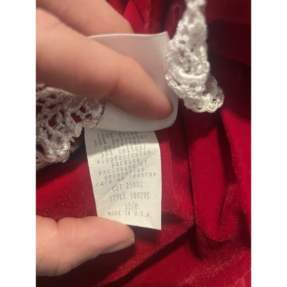 Vintage HUGS & KISSES Baby Girl Dress Sz 12 Mos Red Velvet Short Sleeve Lace - Picture 6 of 6